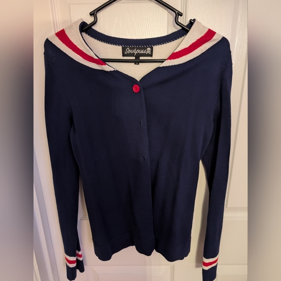 Sourpuss Sweaters - Sourpuss Blue and Red Cardigan Sweater